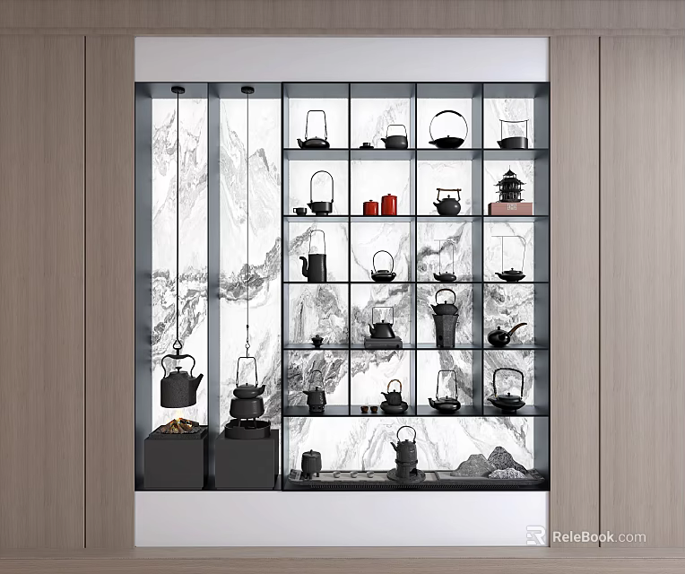 Elegant Chinese Style Tea Sets Displayed On Shelves With Landscape Painting 3d model 
