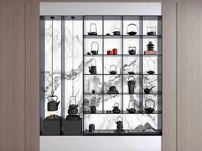 Elegant Chinese Style Tea Sets Displayed On Shelves With Landscape Painting 3d model