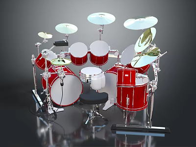 Red And White Complete Drum Set With Drums Cymbals And Stool For Music Performance 3d model