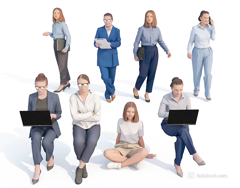 Group of Women in Various Poses Standing Sitting Using Laptops and Holding Folders 3d model 