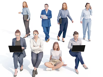 Group of Women in Various Poses Standing Sitting Using Laptops and Holding Folders 3d model