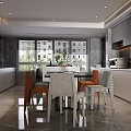 Modern Living Dining Room Interior With Black Marble Table Chairs And Green Plant