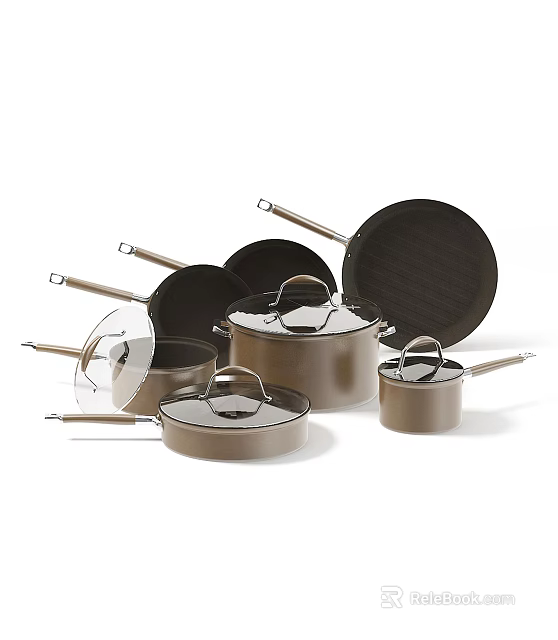 Essential Cookware Set with Various Sizes Pots Pans Lids and Metal Handles 3d model 