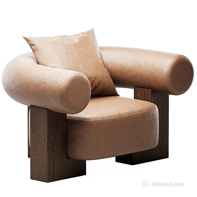 Modern Beige Upholstered Armchair With Rounded Armrests Wooden Legs And Matching Cushion 3d model 
