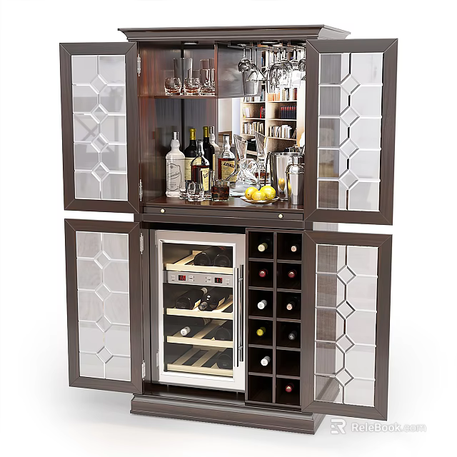 Modern Wine Cabinet With Glass Doors Holding Wine Bottles And Glassware 3d model 