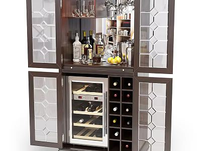 Modern Wine Cabinet With Glass Doors Holding Wine Bottles And Glassware 3d model