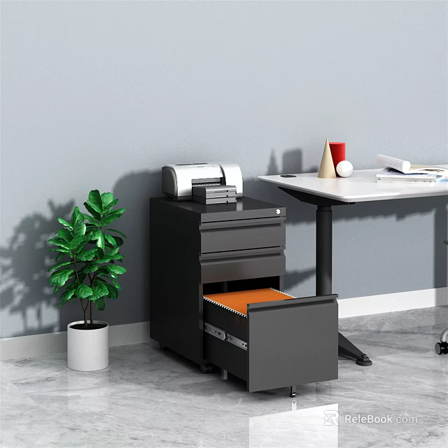 Office Workspace With Filing Cabinet Open Drawer Printer Green Plant And Desk 3d model 