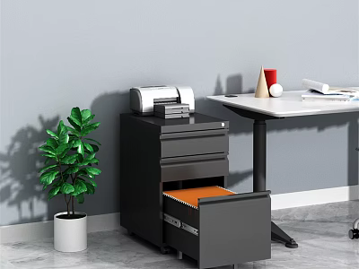Office Workspace With Filing Cabinet Open Drawer Printer Green Plant And Desk 3d model