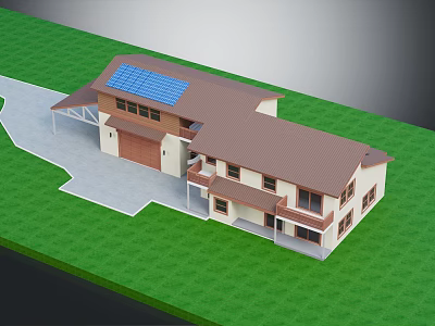 Two Story House Featuring Brown Roof Solar Panels White Walls Garage Driveway And Green Lawn 3d model
