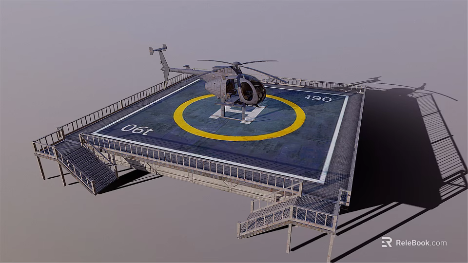 Helicopter Parked On Helipad With Yellow Circle White Markings Railing And Stairs 3d model 