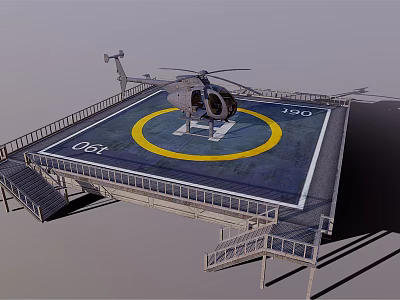 Helicopter Parked On Helipad With Yellow Circle White Markings Railing And Stairs 3d model