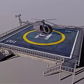 Helicopter Parked On Helipad With Yellow Circle White Markings Railing And Stairs