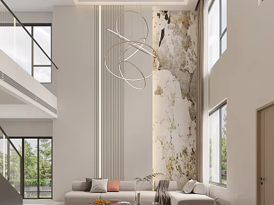 Duplex Living Room With High Ceiling Circular Chandelier Marble Accent Wall And Light Sofa 3d model