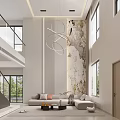 Duplex Living Room With High Ceiling Circular Chandelier Marble Accent Wall And Light Sofa