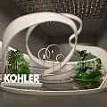 Kohler Modern Exhibition Booth Design With Curved White Structure Circular Decor And Green Plants