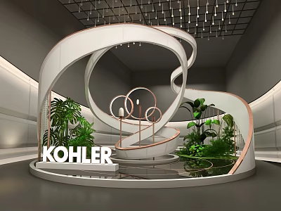 Kohler Modern Exhibition Booth Design With Curved White Structure Circular Decor And Green Plants 3d model