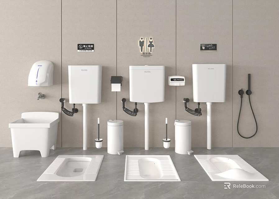 Squat Toilets With Tanks Toilet Paper Holders In Bathroom Gray Floor Hand Dryer Signs 3d model 