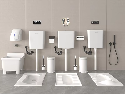 Squat Toilets With Tanks Toilet Paper Holders In Bathroom Gray Floor Hand Dryer Signs 3d model