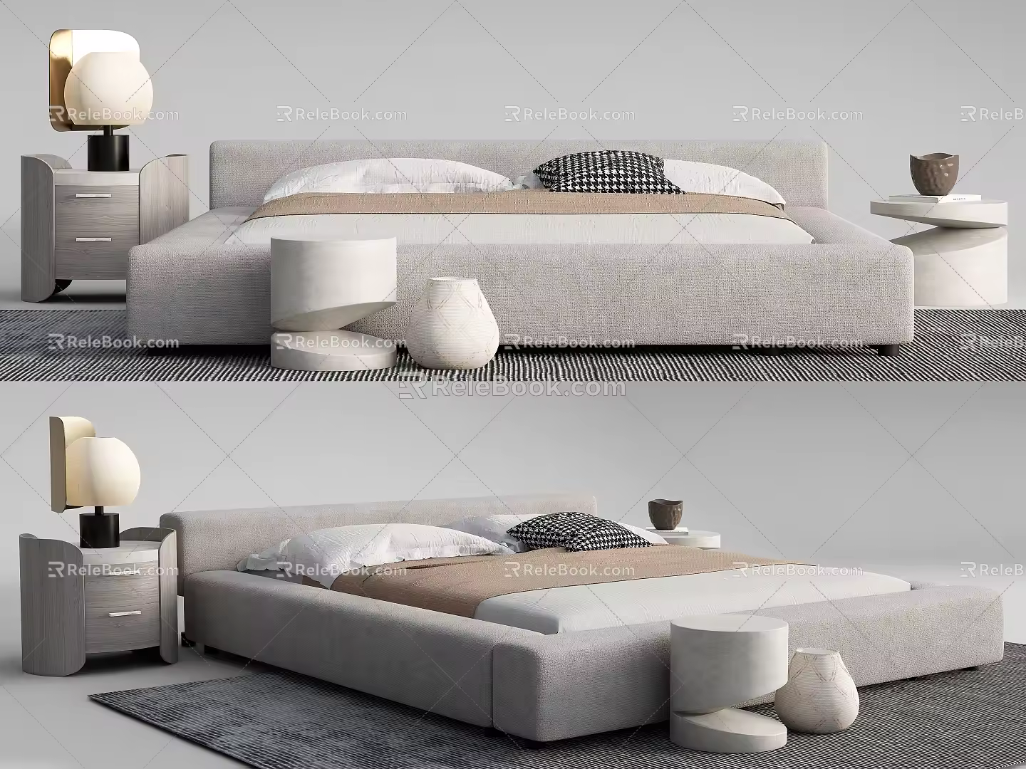 Modern Double Bed Double Bed Bedside Table Table Lamp 3d model