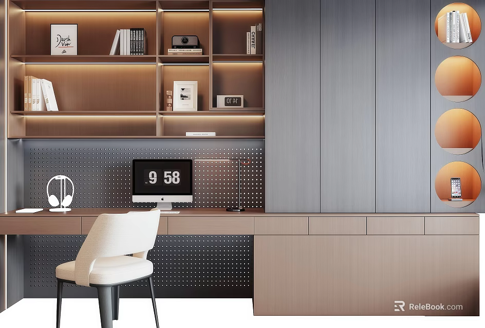 Modern Wall Mounted Bookcase Interior With LED Lighting Books And Decorative Frames 3d model 