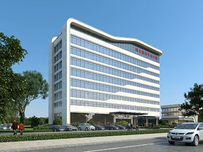 Modern High Rise Office Building With Glass Curtain Wall Landscaped Area Parking Lot And Entrance 3d model