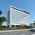 Modern High Rise Office Building With Glass Curtain Wall Landscaped Area Parking Lot And Entrance