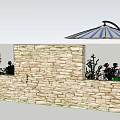 Outdoor Flower Planters and Flower Beds with Stone Wall Umbrella and Green Plants