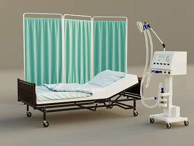 Medical Equipment Featuring Hospital Bed And Green Privacy Curtains 3d model
