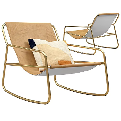 Modern Leisure Chair with Gold Metal Frame Brown White Upholstery and Decorative Pillow 3d model
