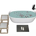 Oval White Bathtub With Red Rose Petals Wooden Stools With Cushions And Black Mat