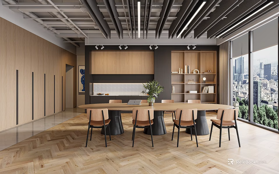 Modern Break Room With Wooden Walls Open Ceiling Long Table Green Plant And City View 3d model 