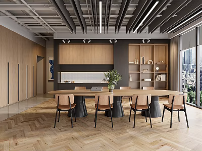 Modern Break Room With Wooden Walls Open Ceiling Long Table Green Plant And City View 3d model