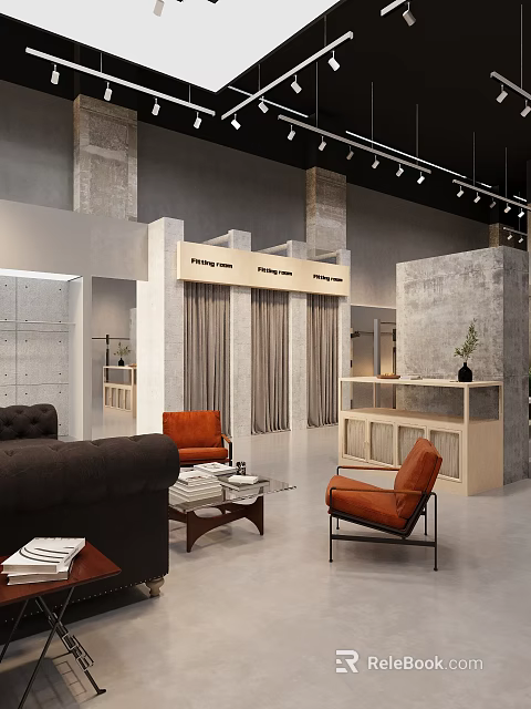 Modern Industrial Style Clothing Store Interior Design With Fitting Rooms And Cozy Customer Lounge Area 3d model 