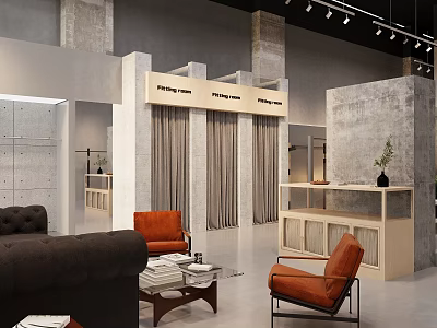 Modern Industrial Style Clothing Store Interior Design With Fitting Rooms And Cozy Customer Lounge Area 3d model