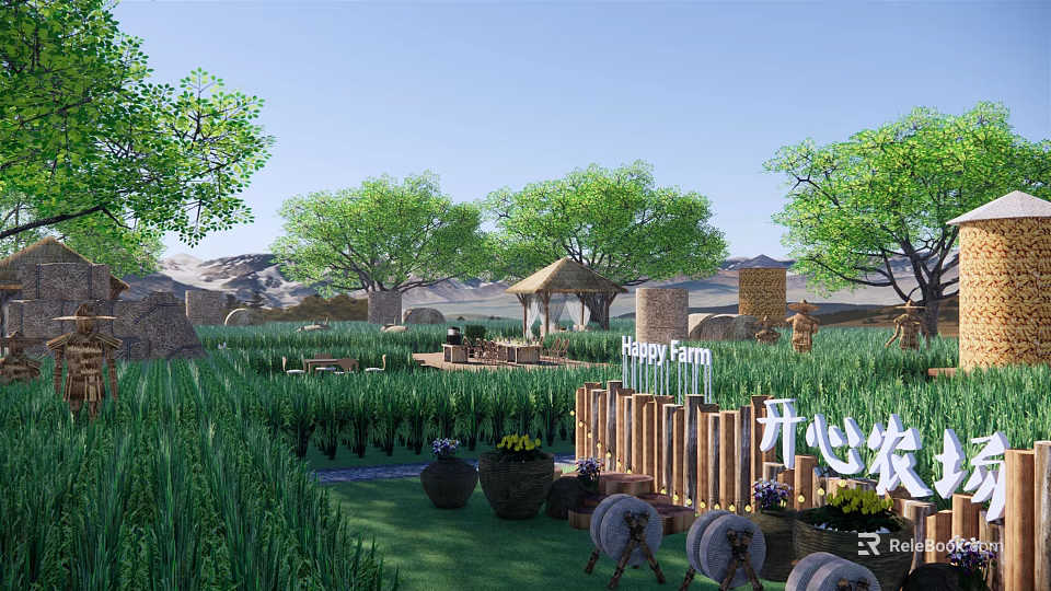 Happy Farm Natural Scenery With Green Grass Crops Trees Wooden Fence Stone Pavilion And Mountains 3d model 