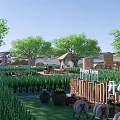 Happy Farm Natural Scenery With Green Grass Crops Trees Wooden Fence Stone Pavilion And Mountains