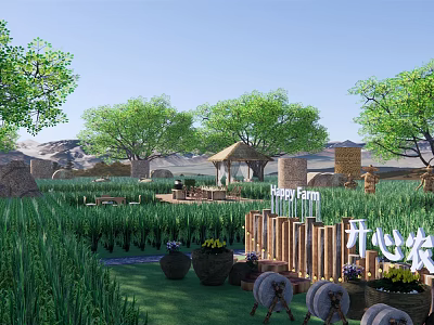 Happy Farm Natural Scenery With Green Grass Crops Trees Wooden Fence Stone Pavilion And Mountains 3d model
