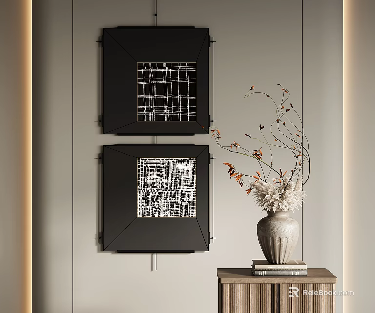 Black Framed Wall Art With Vase And Twigs On Small Cabinet With Books 3d model 
