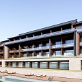 Traditional Modern Hotel Building With Multiple Floors Large Glass Windows And Outdoor Courtyard
