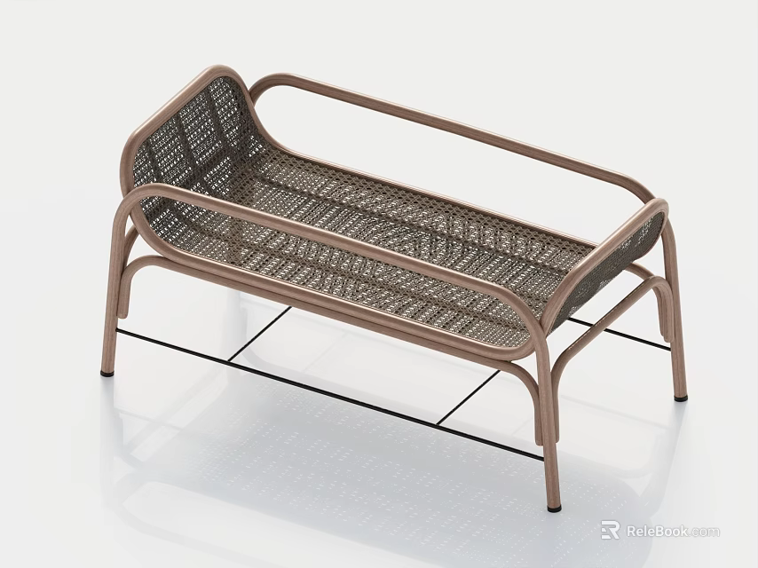 Modern Rattan Woven Bench With Bronze Metal Frame And Backrest For Indoor Outdoor Use 3d model 