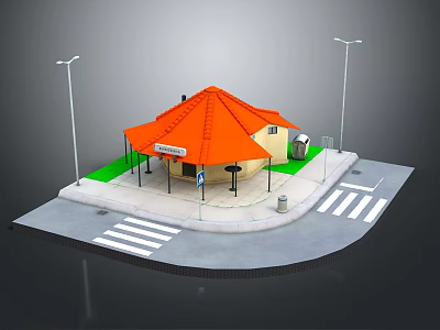 Small Building Featuring Orange Roof Yellow Structure Street Lamps Green Grass And Crosswalk 3d model
