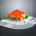 Small Building Featuring Orange Roof Yellow Structure Street Lamps Green Grass And Crosswalk