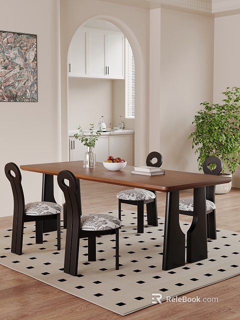 Modern Wooden Dining Table Set With Four Patterned Cushion Chairs Vase Fruit Bowl And Books 3d model 