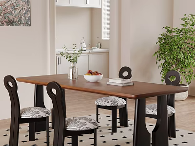 Modern Wooden Dining Table Set With Four Patterned Cushion Chairs Vase Fruit Bowl And Books 3d model