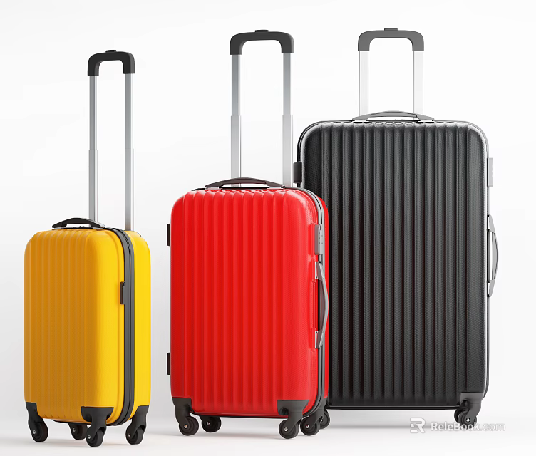 Yellow Red and Black Hard Shell Suitcases with Telescopic Handles and Rolling Wheels 3d model 