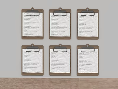 Six Brown Clipboards With Papers Hanging On Gray Wall Above Wooden Surface 3d model