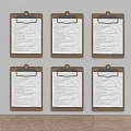Six Brown Clipboards With Papers Hanging On Gray Wall Above Wooden Surface