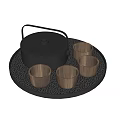 Tea Set with Black Teapot Wooden Cups and Round Mesh Tray