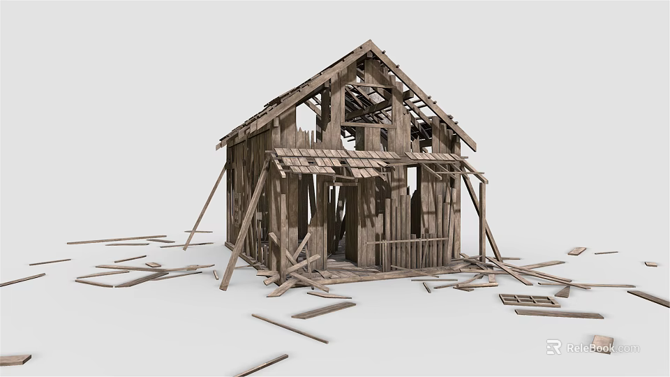 Old Dilapidated Wooden House With Exposed Frame And Scattered Wooden Planks 3d model 