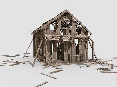 Old Dilapidated Wooden House With Exposed Frame And Scattered Wooden Planks 3d model